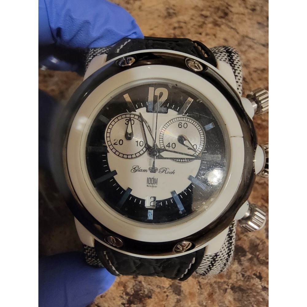 Glam Rock Chronograph‎ Watch White Resin Black Silicone Strap 100M GR10110